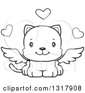 Cartoon Black And White Cute Happy Kitten Cat Cupid