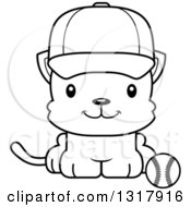 Animal Lineart Clipart Of A Cartoon Black And White Cute Happy Kitten Cat Sitting By A Baseball Royalty Free Outline Vector Illustration