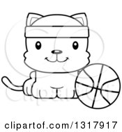 Animal Lineart Clipart Of A Cartoon Black And White Cute Happy Kitten Cat Sitting By A Basketball Royalty Free Outline Vector Illustration