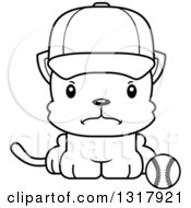 Animal Lineart Clipart Of A Cartoon Black And White Cute Mad Kitten Cat Sitting By A Baseball Royalty Free Outline Vector Illustration
