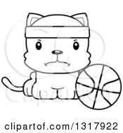 Animal Lineart Clipart Of A Cartoon Black And White Cute Mad Kitten Cat Sitting By A Basketball Royalty Free Outline Vector Illustration