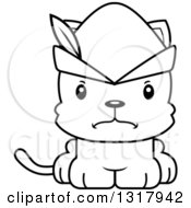 Animal Lineart Clipart Of A Cartoon Black And White Cute Mad Robin Hood Kitten Cat Royalty Free Outline Vector Illustration