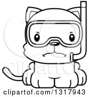 Animal Lineart Clipart Of A Cartoon Black And White Cute Mad Kitten Cat Wearing Snorkel Gear Royalty Free Outline Vector Illustration