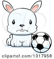 Animal Clipart Of A Cartoon Cute Mad White Rabbit Sitting By A Soccer Ball Royalty Free Vector Illustration