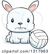 Animal Clipart Of A Cartoon Cute Mad White Rabbit Sitting By A Volleyball Royalty Free Vector Illustration