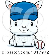 Poster, Art Print Of Cartoon Cute Happy White Rabbit Sitting By A Baseball