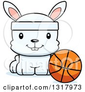 Animal Clipart Of A Cartoon Cute Happy White Rabbit Sitting By A Basketball Royalty Free Vector Illustration