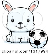 Animal Clipart Of A Cartoon Cute Happy White Rabbit Sitting By A Soccer Ball Royalty Free Vector Illustration