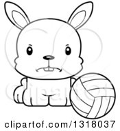 Animal Lineart Clipart Of A Cartoon Black And White Cute Mad Rabbit Sitting By A Volleyball Royalty Free Outline Vector Illustration