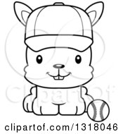 Poster, Art Print Of Cartoon Black And White Cute Happy Rabbit Sitting By A Baseball