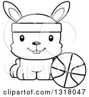 Animal Lineart Clipart Of A Cartoon Black And White Cute Happy Rabbit Sitting By A Basketball Royalty Free Outline Vector Illustration