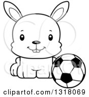 Animal Lineart Clipart Of A Cartoon Black And White Cute Happy Rabbit Sitting By A Soccer Ball Royalty Free Outline Vector Illustration