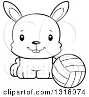 Animal Lineart Clipart Of A Cartoon Black And White Cute Happy Rabbit Sitting By A Volleyball Royalty Free Outline Vector Illustration