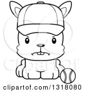 Poster, Art Print Of Cartoon Black And White Cute Mad Rabbit Sitting By A Baseball