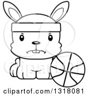 Animal Lineart Clipart Of A Cartoon Black And White Cute Mad Rabbit Sitting By A Basketball Royalty Free Outline Vector Illustration