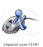 Blue Man Leaning Against A Computer Mouse Clipart Illustration