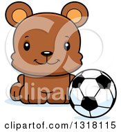 Poster, Art Print Of Cartoon Cute Happy Bear Cub Sitting With A Soccer Ball