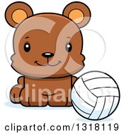 Poster, Art Print Of Cartoon Cute Happy Bear Cub Sitting With A Volleyball