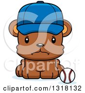 Poster, Art Print Of Cartoon Cute Mad Bear Cub Wearing A Cap And Sitting By A Baseball