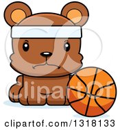 Animal Clipart Of A Cartoon Cute Mad Bear Cub Wearing A Headband And Sitting By A Basketball Royalty Free Vector Illustration