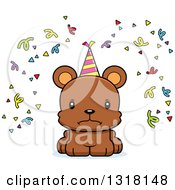 Poster, Art Print Of Cartoon Cute Mad Bear Cub With Party Confetti And A Hat