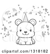 Poster, Art Print Of Cartoon Black And White Cute Happy Bear Cub With Party Confetti And A Hat