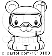 Poster, Art Print Of Cartoon Black And White Cute Happy Bear Cub Wearing Snorkel Gear
