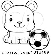 Poster, Art Print Of Cartoon Black And White Cute Happy Bear Cub Sitting With A Soccer Ball