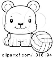 Poster, Art Print Of Cartoon Black And White Cute Happy Bear Cub Sitting With A Volleyball