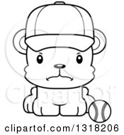 Poster, Art Print Of Cartoon Black And White Cute Mad Bear Cub Wearing A Cap And Sitting By A Baseball