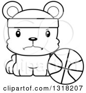 Poster, Art Print Of Cartoon Black And White Cute Mad Bear Cub Wearing A Headband And Sitting By A Basketball