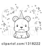 Poster, Art Print Of Cartoon Black And White Cute Mad Bear Cub With Party Confetti And A Hat