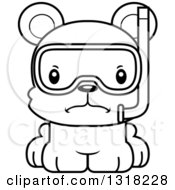 Poster, Art Print Of Cartoon Black And White Cute Mad Bear Cub Wearing Snorkel Gear