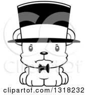 Animal Lineart Clipart Of A Cartoon Black And White Cute Mad Bear Cub Gentleman Wearing A Top Hat Royalty Free Outline Vector Illustration