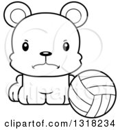 Poster, Art Print Of Cartoon Black And White Cute Mad Bear Cub Sitting With A Volleyball