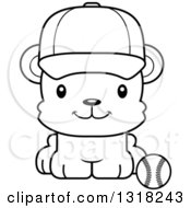 Animal Lineart Clipart Of A Cartoon Black And White Cute Happy Bear Cub Wearing A Cap And Sitting By A Baseball Royalty Free Outline Vector Illustration