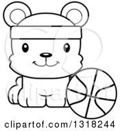 Poster, Art Print Of Cartoon Black And White Cute Happy Bear Cub Wearing A Headband And Sitting By A Basketball