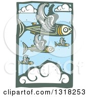 Poster, Art Print Of Woodcut Flying Fish In A Blue Sky With Clouds