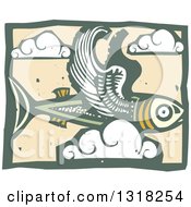 Woodcut Flying Fish In The Sky With Clouds