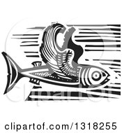 Black And White Woodcut Flying Fish