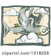 Woodcut Man Looking Through A Telescope And Standing On A Flying Fish In The Sky With Clouds