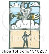 Woodcut Businessman Holding A String To A Flying Fish In The Sky