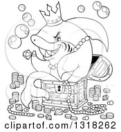 Cartoon Black And White Shark Sitting In A Treasure Chest And Surrounded By Booty