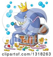 Cartoon Shark Sitting In A Treasure Chest And Surrounded By Booty