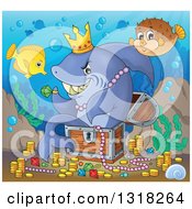 Cartoon Yellow Tang And Blowfish Over A Shark Sitting In A Treasure Chest And Surrounded By Coins And Jewels