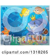 Cartoon Yellow Tang Starfish And Blowfish By A Shark Sitting In A Treasure Chest And Surrounded By Coins And Jewels With A Silhouetted Sunken Ship
