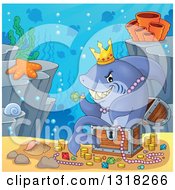 Cartoon Shark Sitting In A Treasure Chest And Surrounded By Coins And Jewels On A Reef