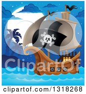 Poster, Art Print Of Cartoon Pirate Ship Sailing With A Jolly Roger Flag By An Island At Night