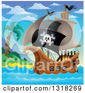 Poster, Art Print Of Cartoon Pirate Ship Sailing With A Jolly Roger Flag By An Island During The Day