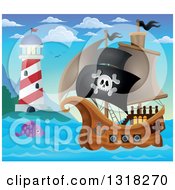 Poster, Art Print Of Cartoon Pirate Ship Sailing With A Jolly Roger Flag With A Fish And Lighthouse During The Day